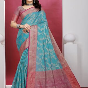 Rama green kanchipuram kota silk saree with zari weaving work