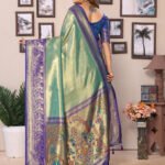 Sea green Traditional paithani tissue silk saree with zari weaving work - Image 3