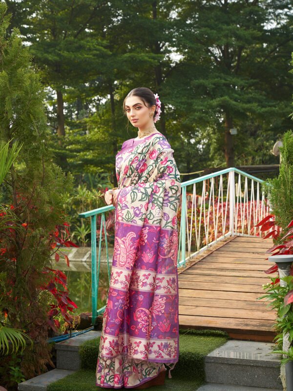 Magenta kalamkari printed designer tussar silk saree - Image 2