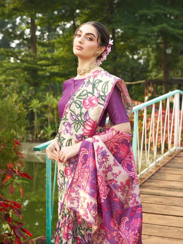Magenta kalamkari printed designer tussar silk saree - Image 4