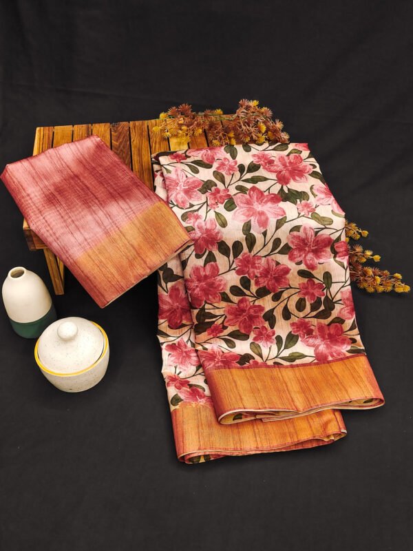 Dusty pink floral jal printed designer tussar silk saree