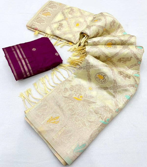 White premium viscose dola silk saree with Zari weaving work