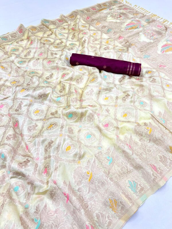 White premium viscose dola silk saree with Zari weaving work - Image 2