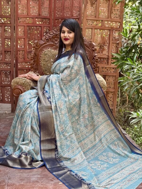 Sky blue new design digital printed soft dola silk saree