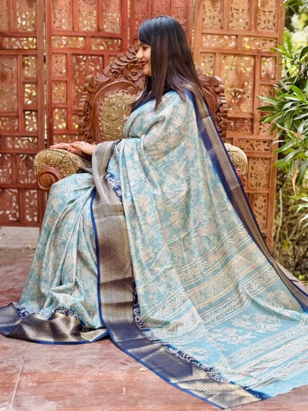 Sky blue new design digital printed soft dola silk saree - Image 3