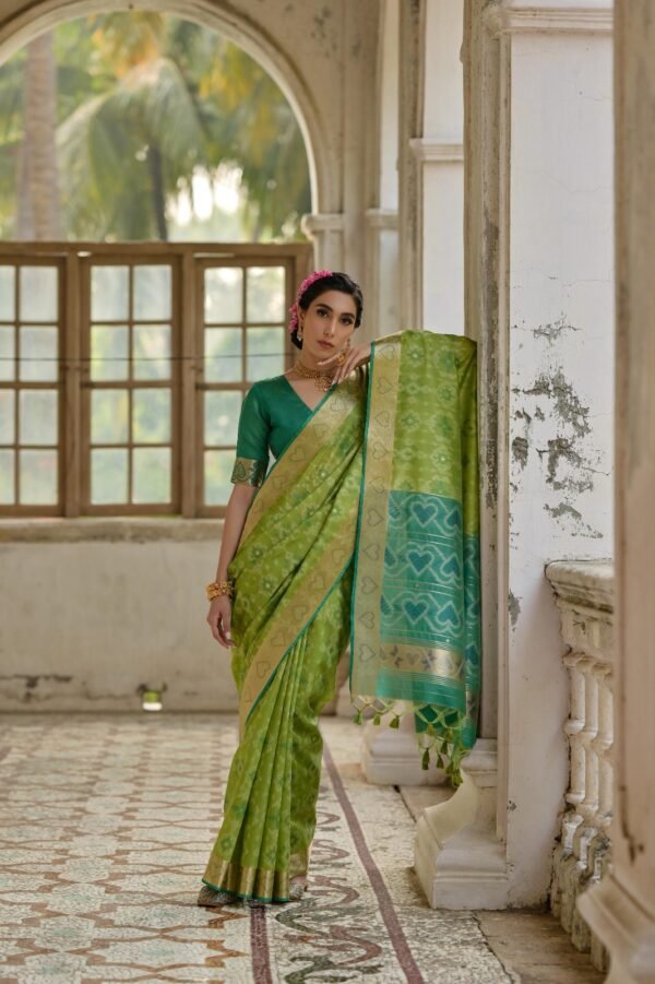 Pista green traditional raw silk saree with ikkat weaving work - Image 2