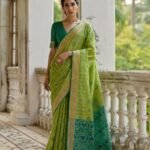 Pista green traditional raw silk saree with ikkat weaving work - Image 3