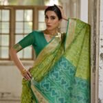 Pista green traditional raw silk saree with ikkat weaving work - Image 4