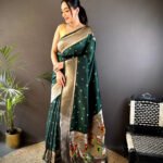Dark green traditional paithani silk saree with zari weaving work