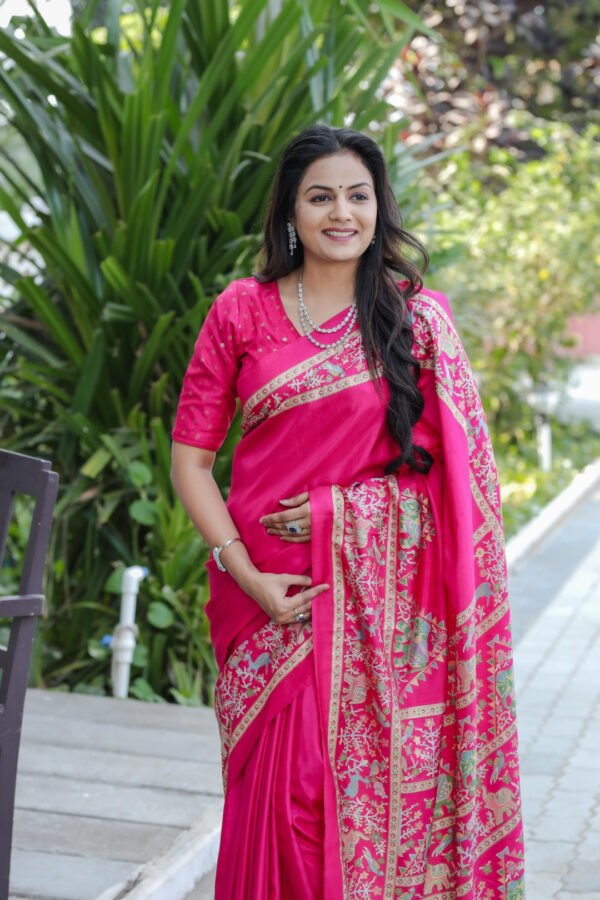 Pink foil printed soft dola silk saree - Image 2