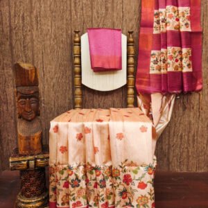 Pink flora printed  tussar silk  saree