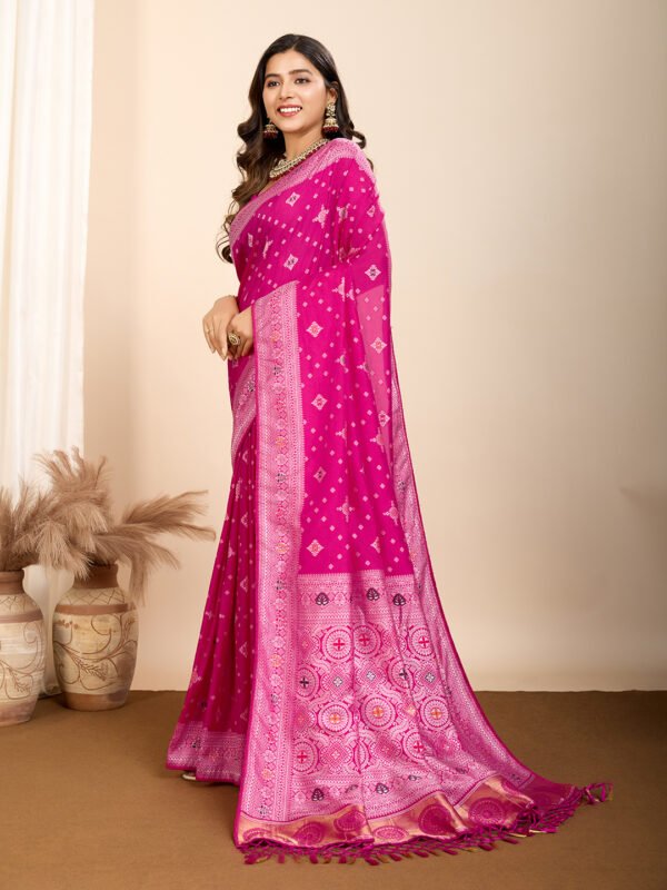 Pink traditional muslin dola silk saree with meenakari zari weaving work