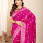 Pink traditional muslin dola silk saree with meenakari zari weaving work - Image 2