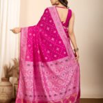 Pink traditional muslin dola silk saree with meenakari zari weaving work - Image 3