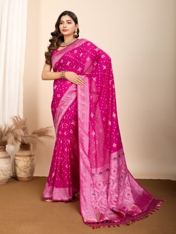 Pink traditional muslin dola silk saree with meenakari zari weaving work - Image 4