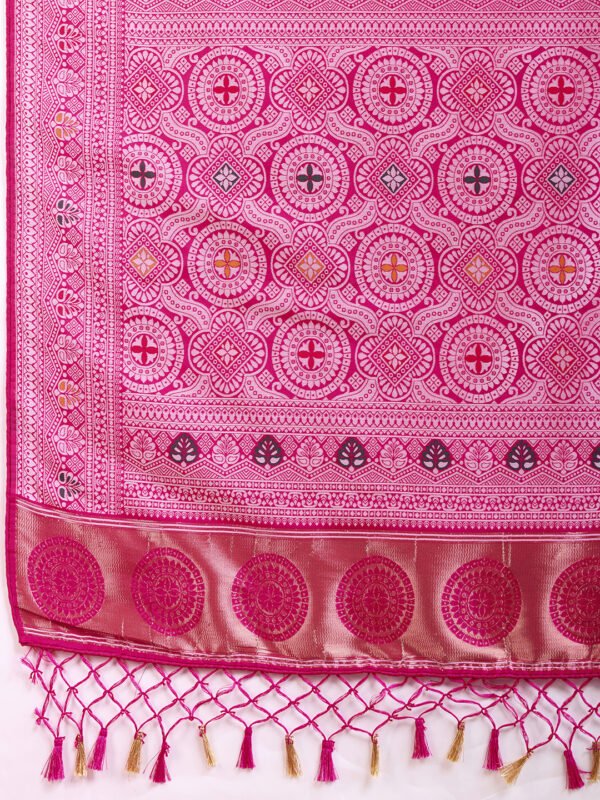Pink traditional muslin dola silk saree with meenakari zari weaving work - Image 6
