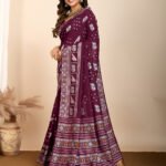 Maroon traditional muslin dola silk saree with meenakari zari weaving work - Image 5