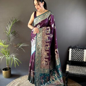 Wine traditional banarasi silk saree with meenakari zari weaving work