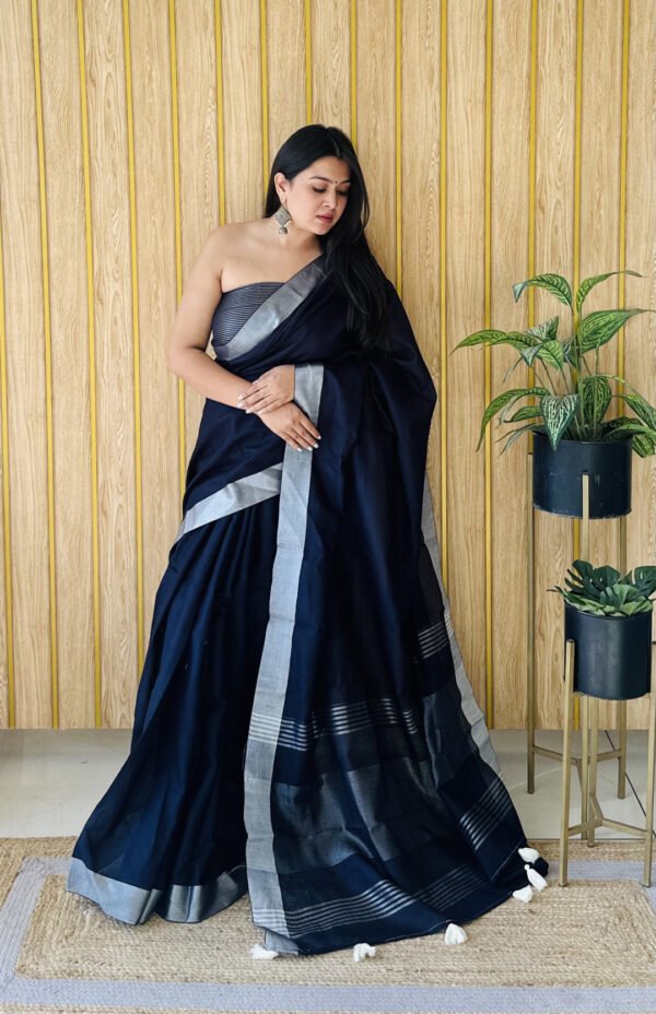Navy blue linen cotton saree with silver zari border