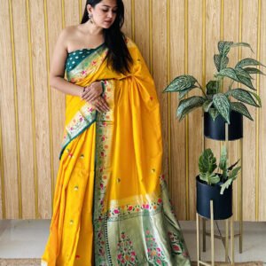 Yellow traditional paithani silk saree with zari weaving work