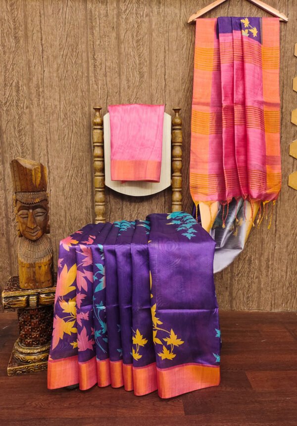 Purple floral jal printed tussar silk saree - Image 3