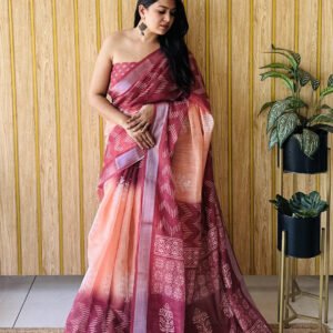 Peach digital printed premium linen cotton saree