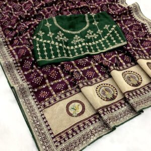 Wine traditional blooming vichitra khadi bandhej silk saree with sequence work