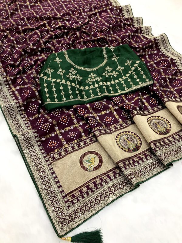 Wine traditional blooming vichitra khadi bandhej silk saree with sequence work