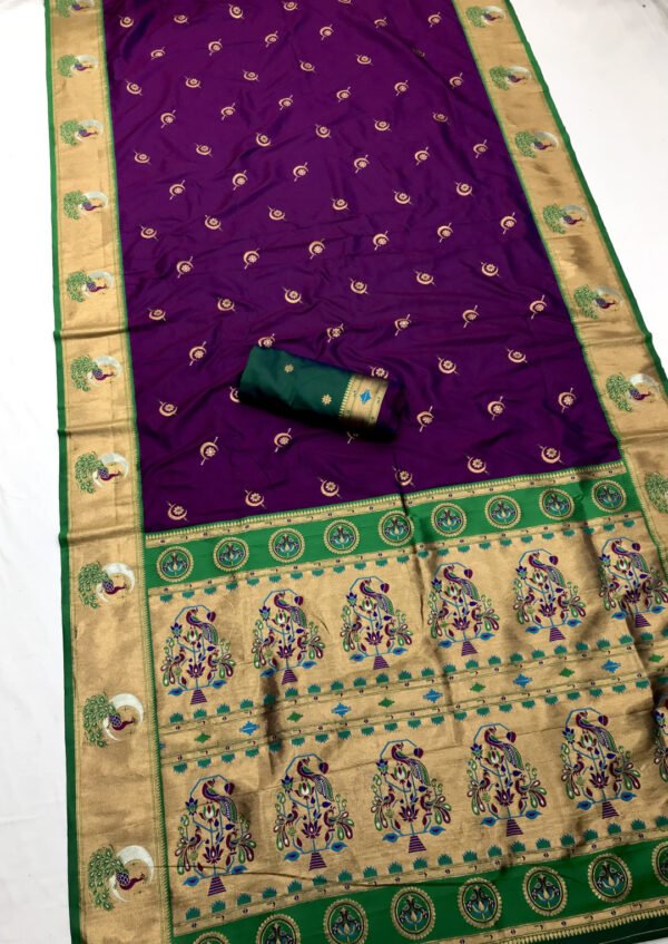 Magenta traditional peacock pallu paithani silk saree with zari weaving work - Image 2
