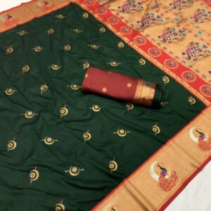Dark green traditional peacock pallu paithani silk saree with zari weaving work