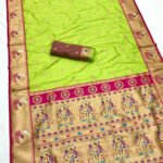 Parrot green traditional peacock pallu paithani silk saree with zari weaving work - Image 2