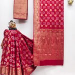 Red premium bandhej silk saree with zari weaving work - Image 6