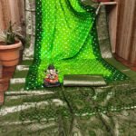 Parrot green and green bandhej silk saree with zari weaving work - Image 6