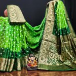 Parrot green and green bandhej silk saree with zari weaving work - Image 5