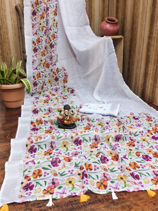 White floral digital printed soft linen cotton saree