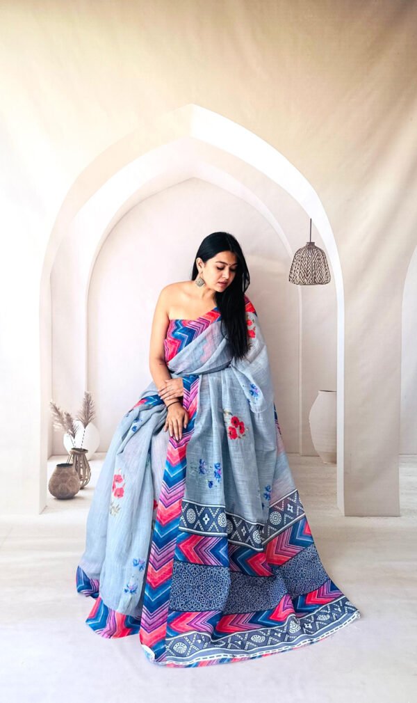 Gray floral digital printed flowy linen cotton saree