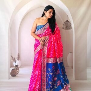 Rani pink bandhani printed linen cotton saree with kalamkari design