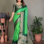Parrot green and green bandhej silk saree with zari weaving work - Image 4