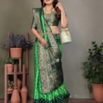 Parrot green and green bandhej silk saree with zari weaving work - Image 3