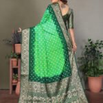 Parrot green and green bandhej silk saree with zari weaving work - Image 2