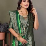Parrot green and green bandhej silk saree with zari weaving work