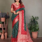 Green and red bandhej silk saree with zari weaving work - Image 4
