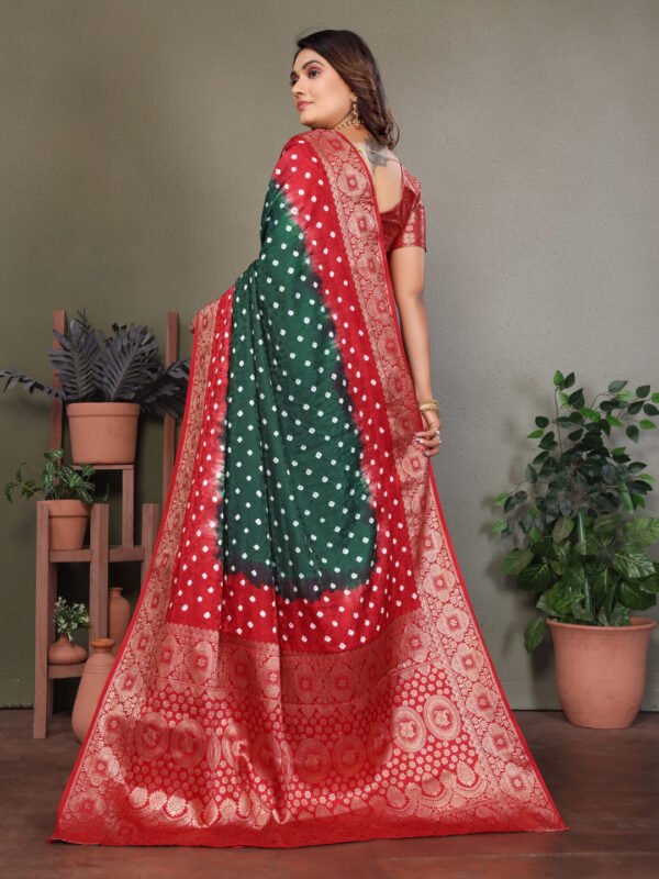 Green and red bandhej silk saree with zari weaving work - Image 2
