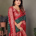 Green and red bandhej silk saree with zari weaving work