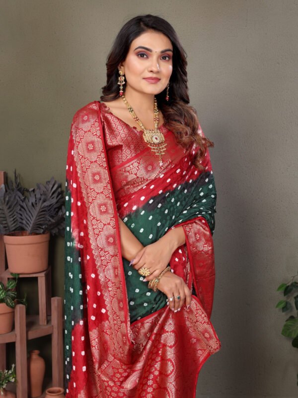 Green and red bandhej silk saree with zari weaving work