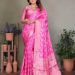 Baby pink premium bandhej silk saree with zari weaving work - Image 3