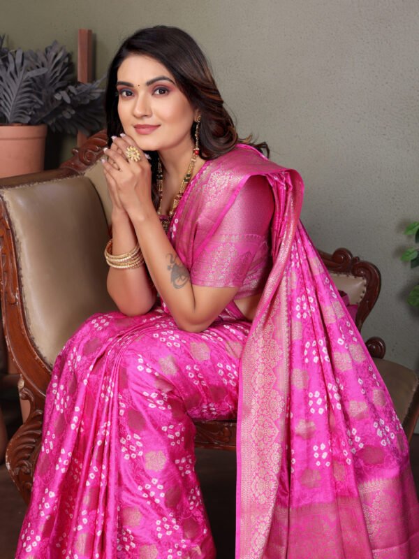 Baby pink premium bandhej silk saree with zari weaving work