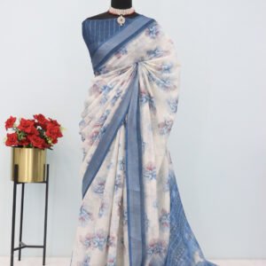 Multi summer special floral digital printed soft linen cotton saree