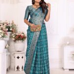 Rama green satin silk bandhej saree with zari weaving border & pallu - Image 2