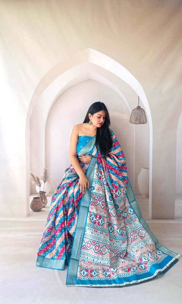 Firoji flowy dola silk saree with digital printed work - Image 2